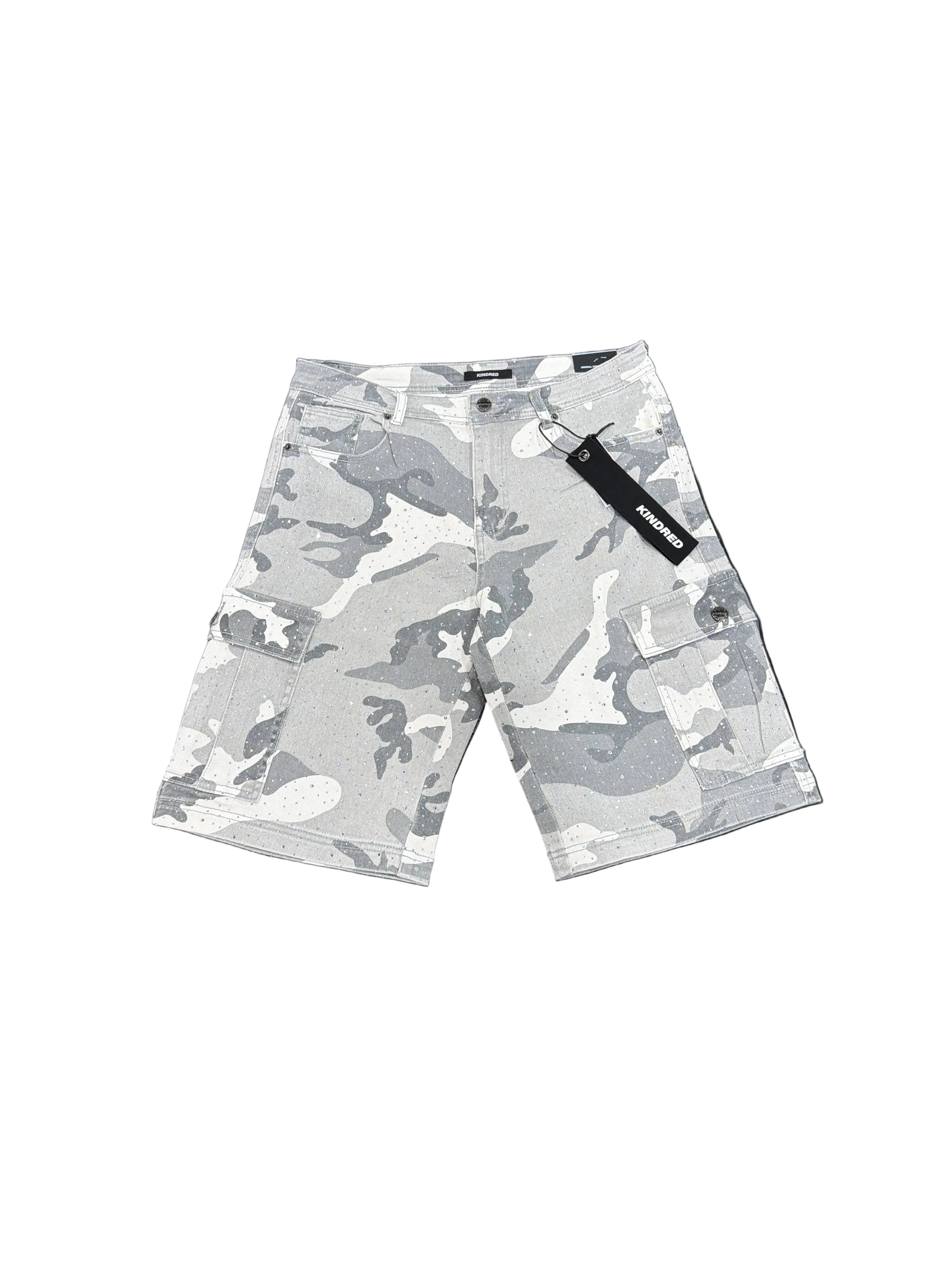 kindred white camo shorts with rhinestones