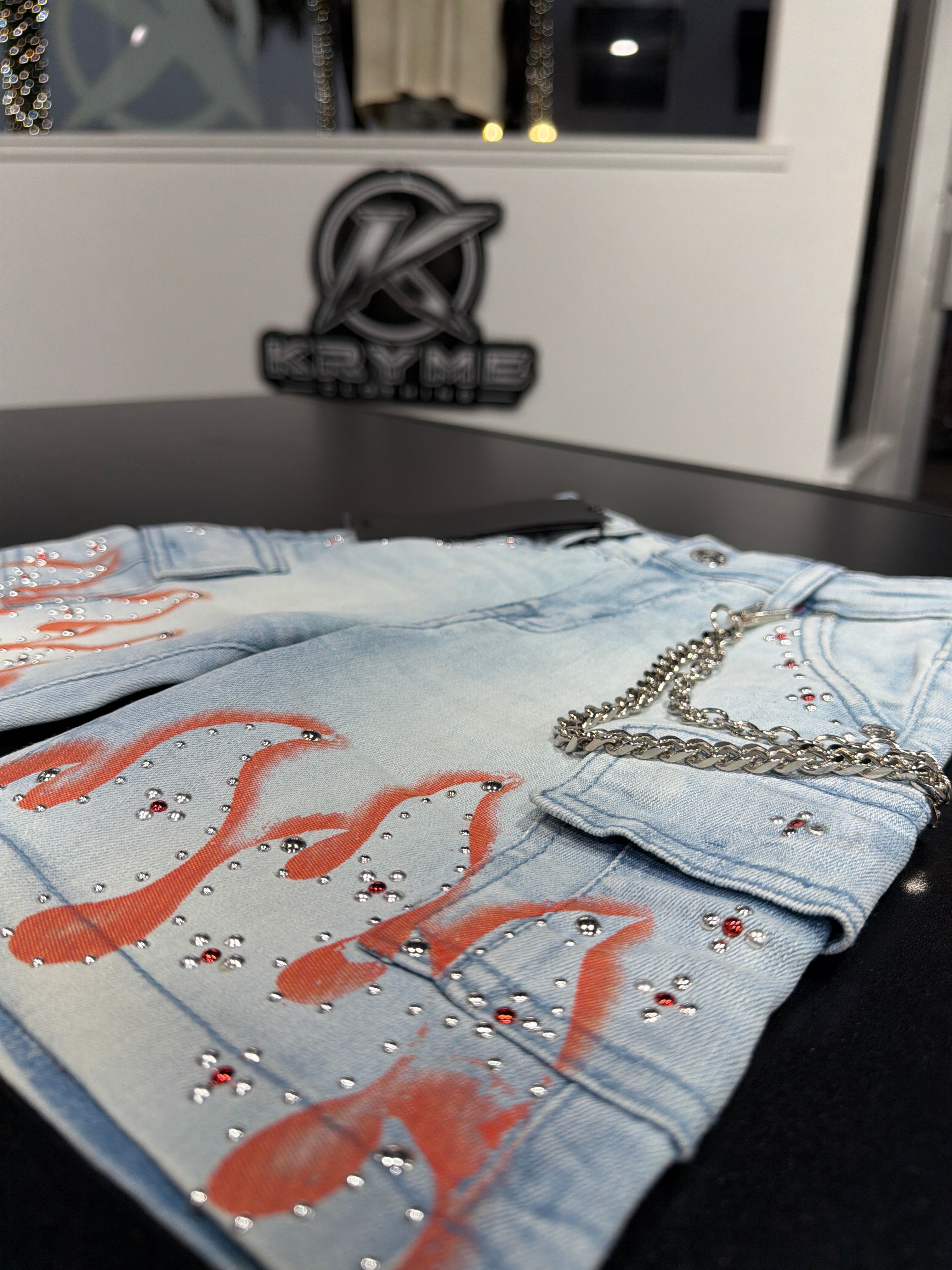 Kids Elite premium denim   Orange flame jean shorts